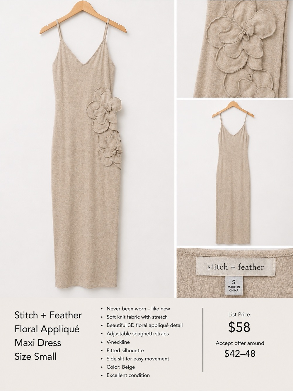 Beige Floral Appliqué Maxi Dress